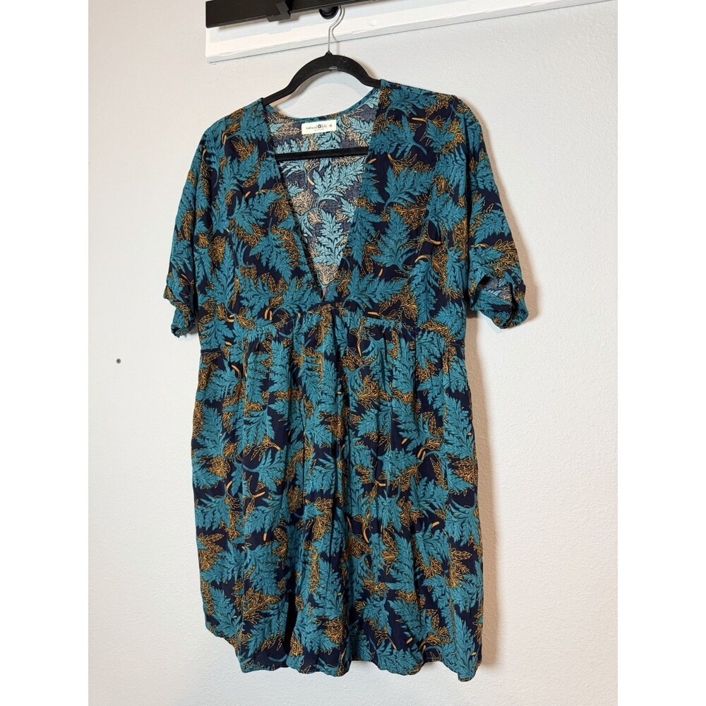 Natural Life Stella Deep V Neck Mini Dress Medium Turquoise Fern Vines Pockets - Picture 3 of 9